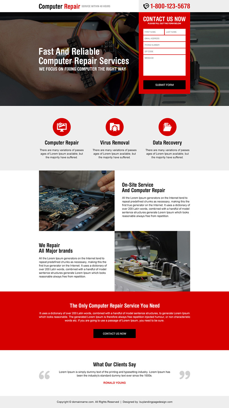 computer repair specialist responsive landing page design