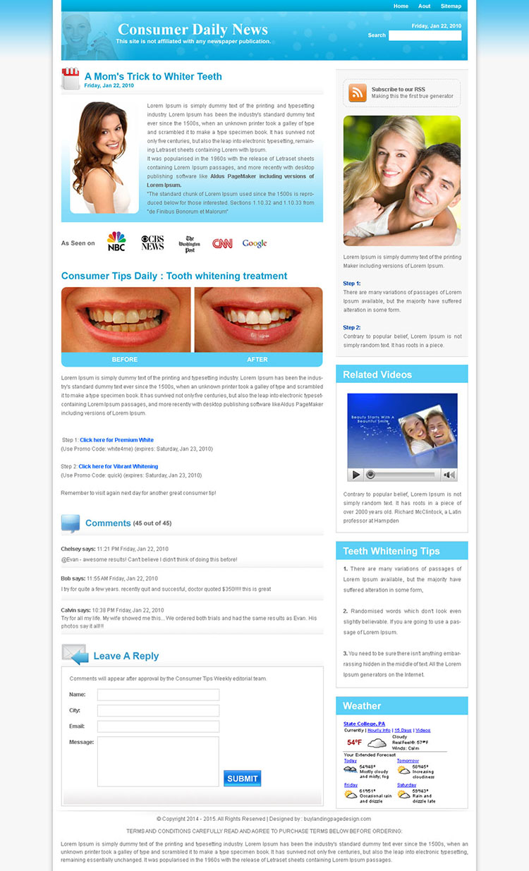 teeth whitening daily news landing page design template