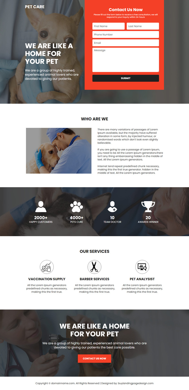 pet care services lead capture landing page design