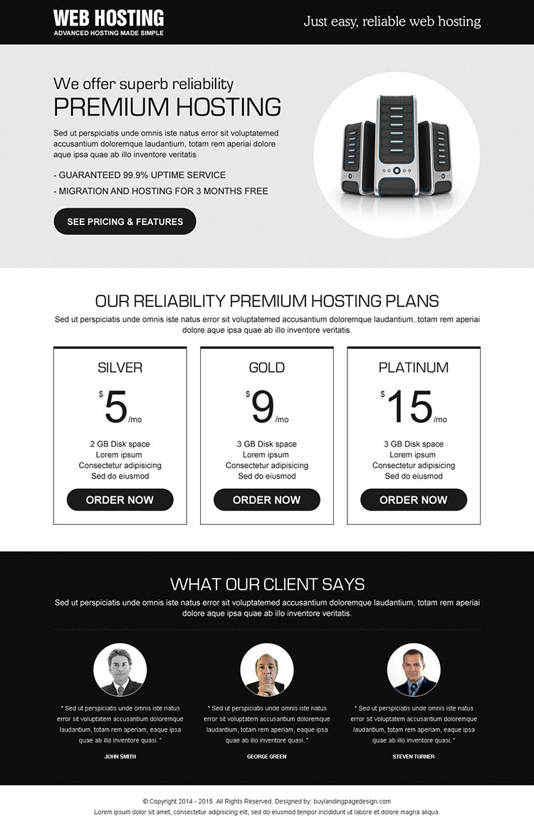 super reliability premium hosting plans call to action lander design