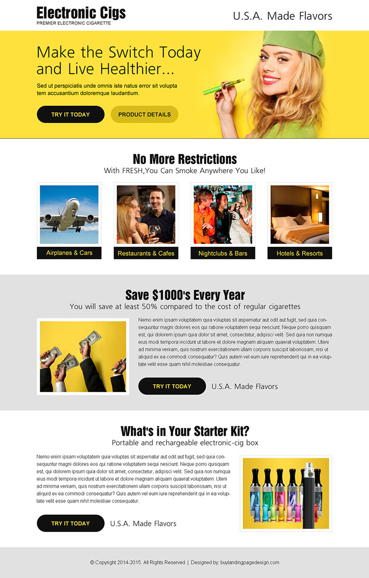 Electronic cigarette attractive and appealing call to action landing page design