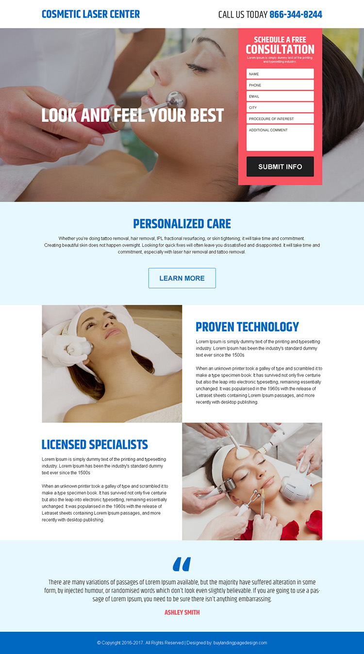 cosmetic laser surgery center lead gen landing page design