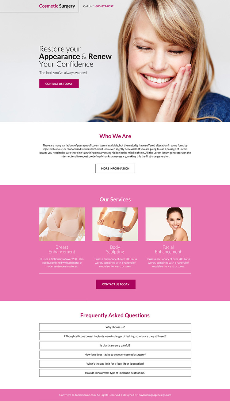 cosmetic plastic surgery clinic service landing page
