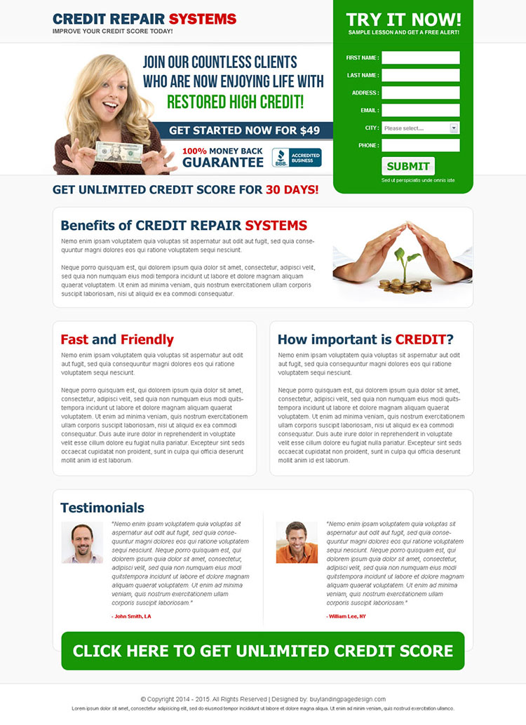 credit repair system clean and converting landing page design