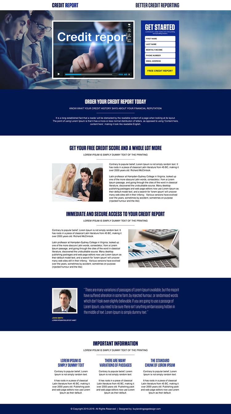 credit report lead generation video landing page design template