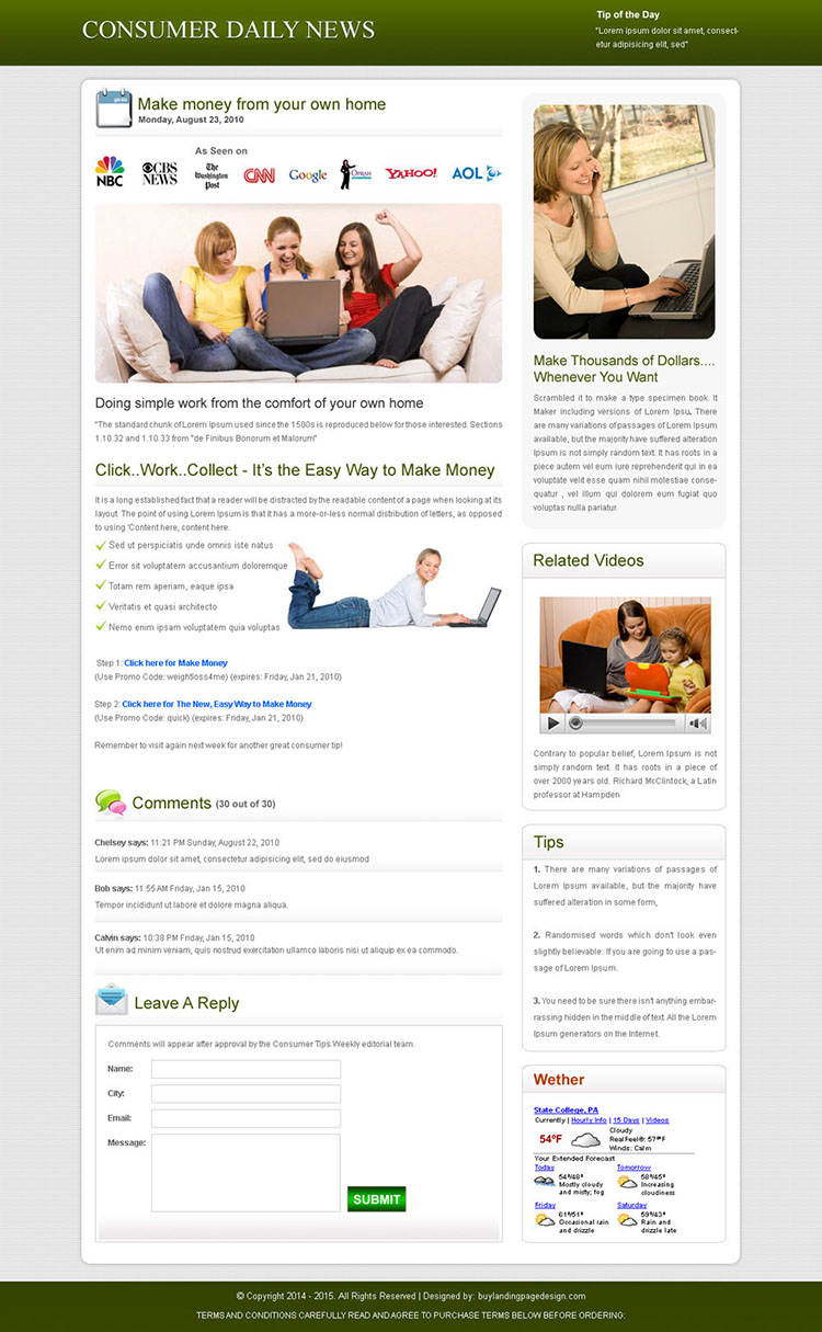 consumer daily news clean and effective landing page design template