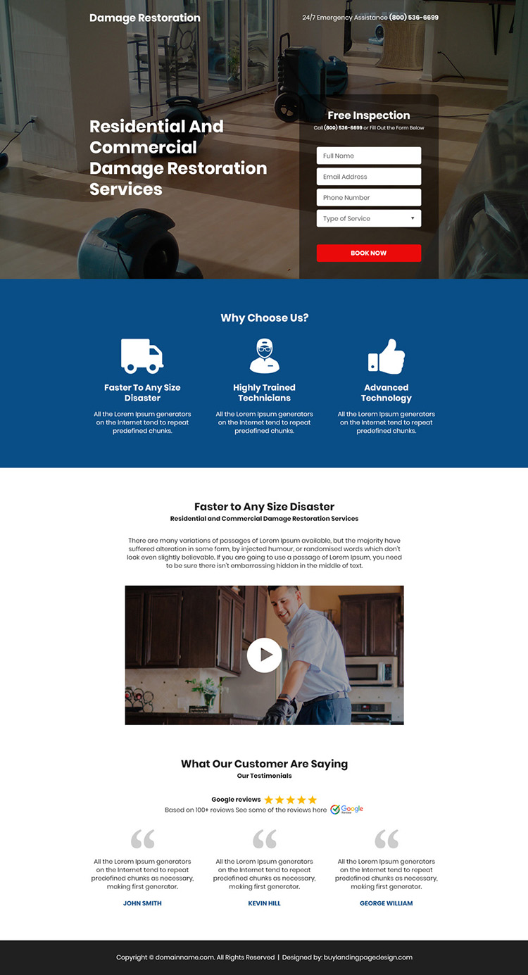 residential and commercial damage restoration services responsive landing page