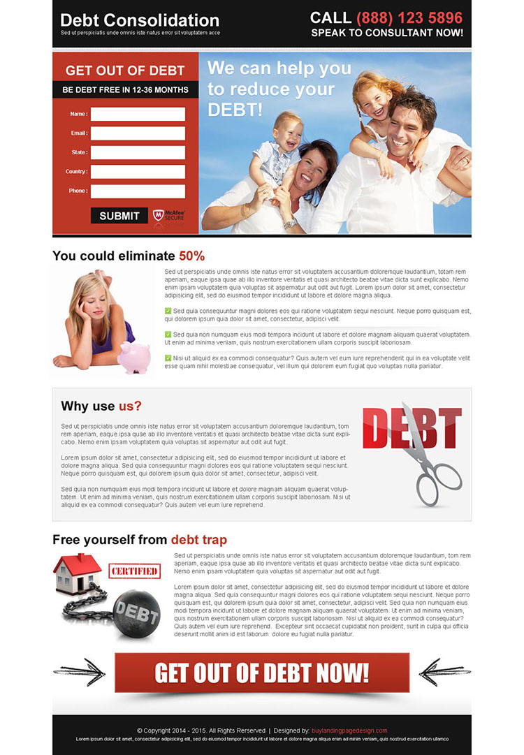 debt consolidation attractive and appealing lead capture landing page design