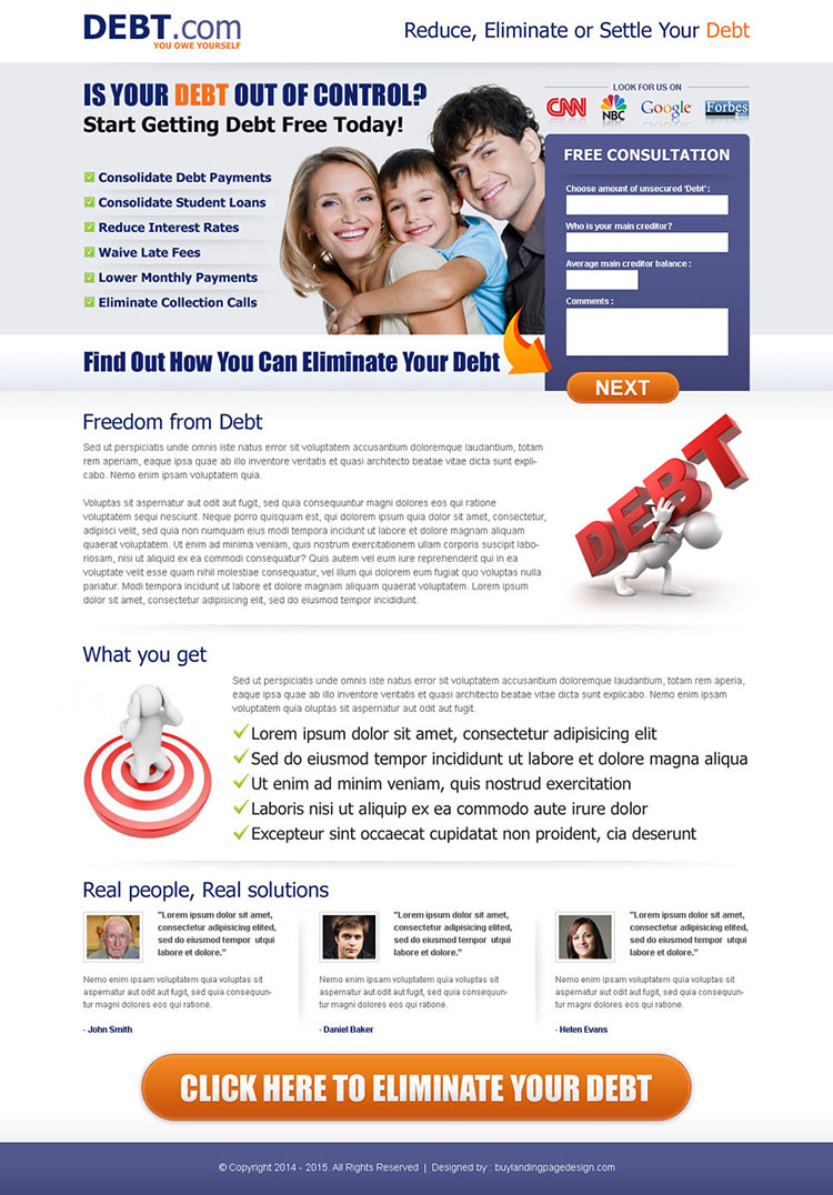 eliminate your debt small lead capture form landing page