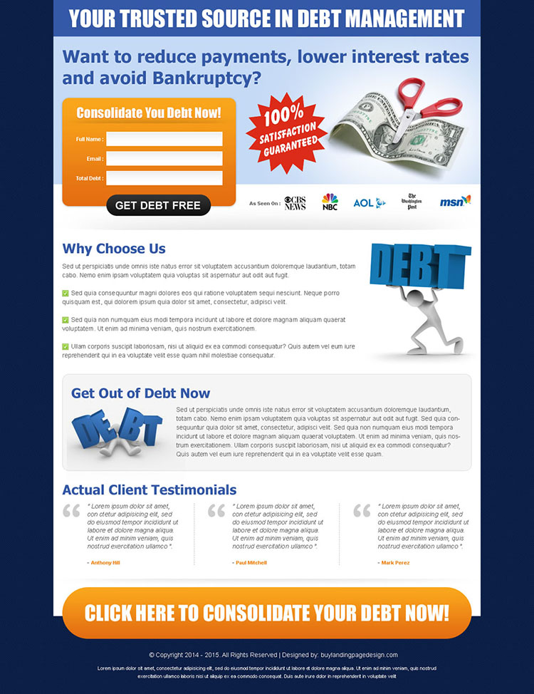 your trusted source in debt management simple lead capture landing page design