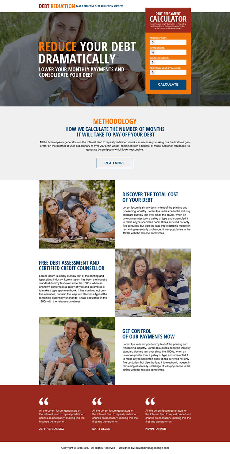 debt reduction repayment calculator landing page design