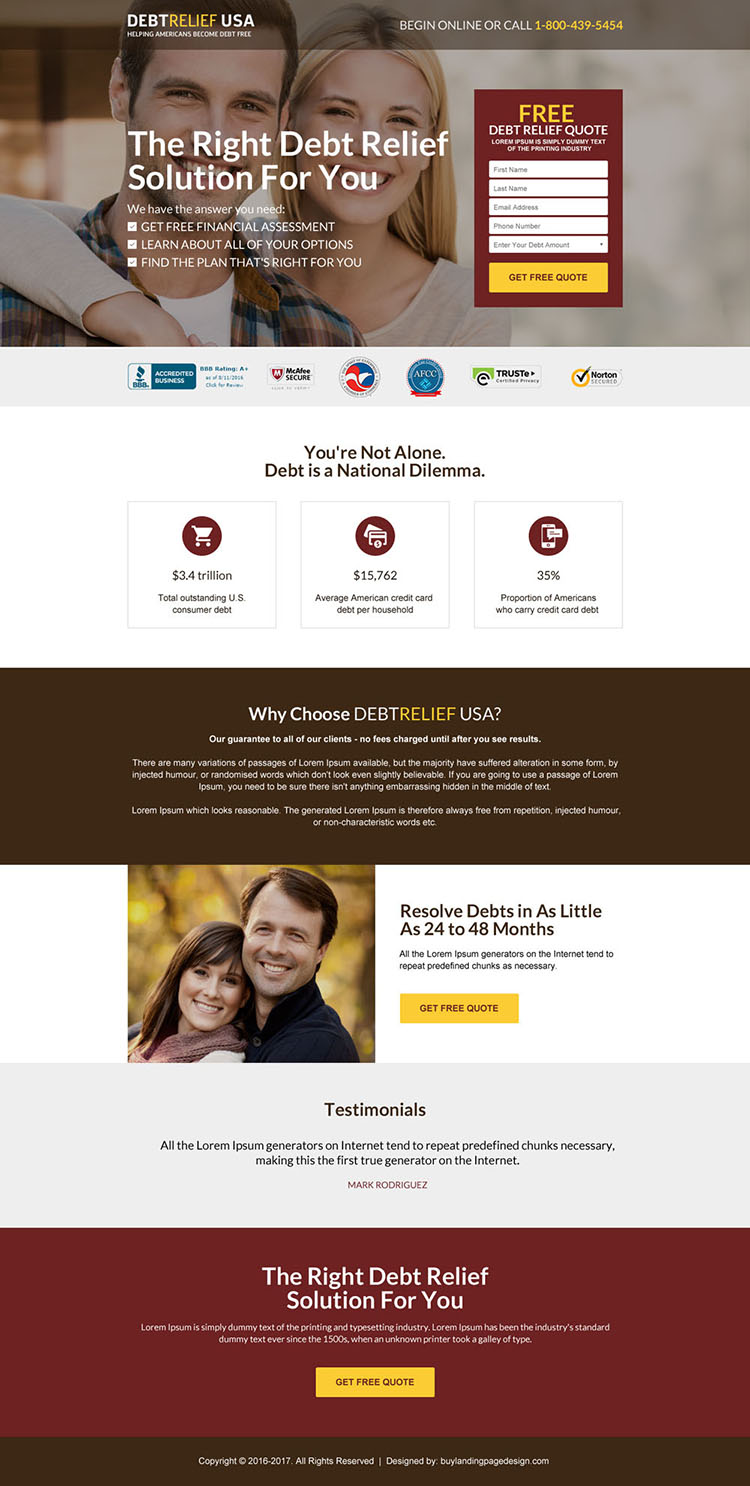 debt relief america free consultation landing page design