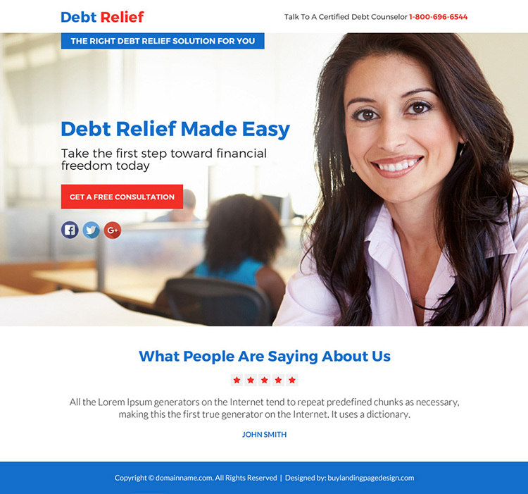 debt relief solution free consultation lead funnel responsive landing page