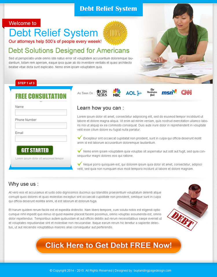 debt relief system clean and minimal landing page design for sale