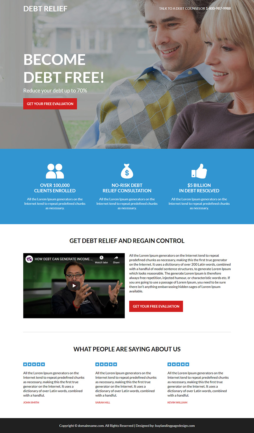 debt relief free evaluation responsive landing page