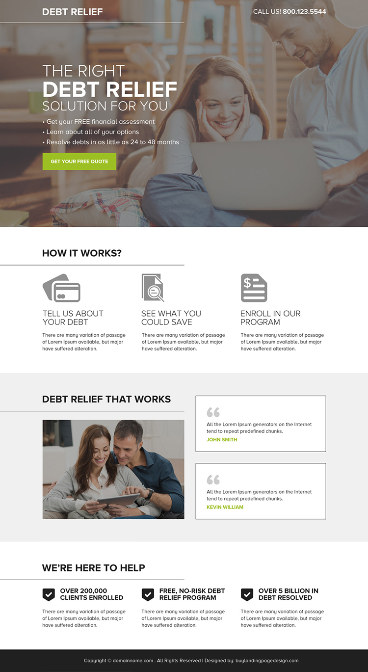 debt relief free quote lead capturing responsive landing page design