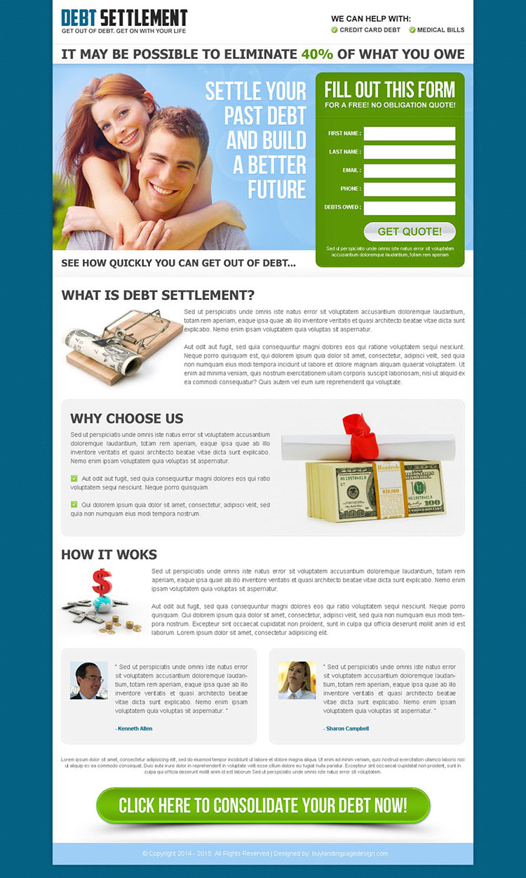 settle your past debt and build a better future converting landing page design