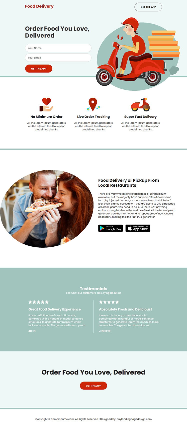 food delivery app service responsive landing page design