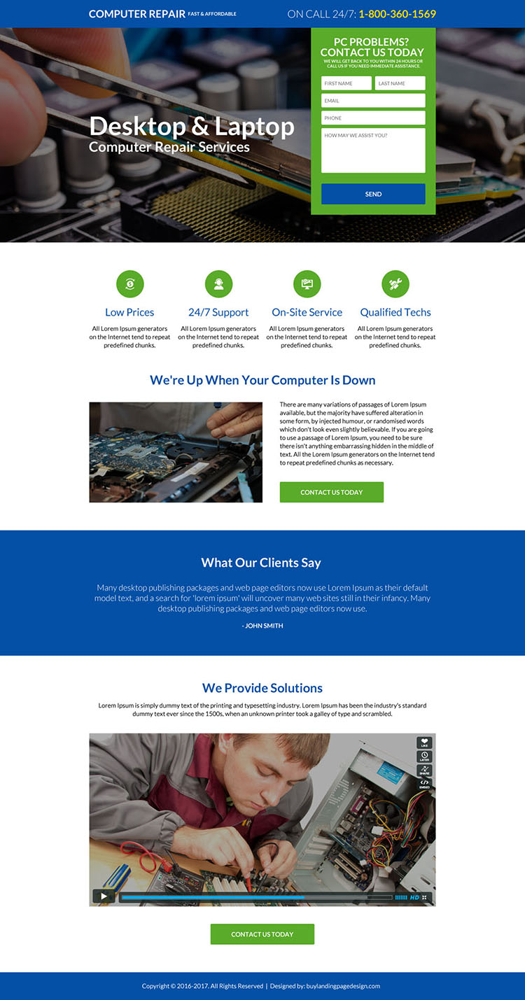 desktop and laptop repair video landing page design