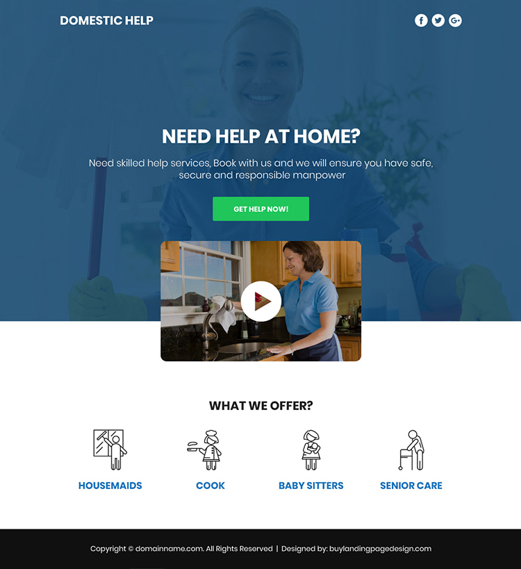 domestic help service responsive video funnel page design