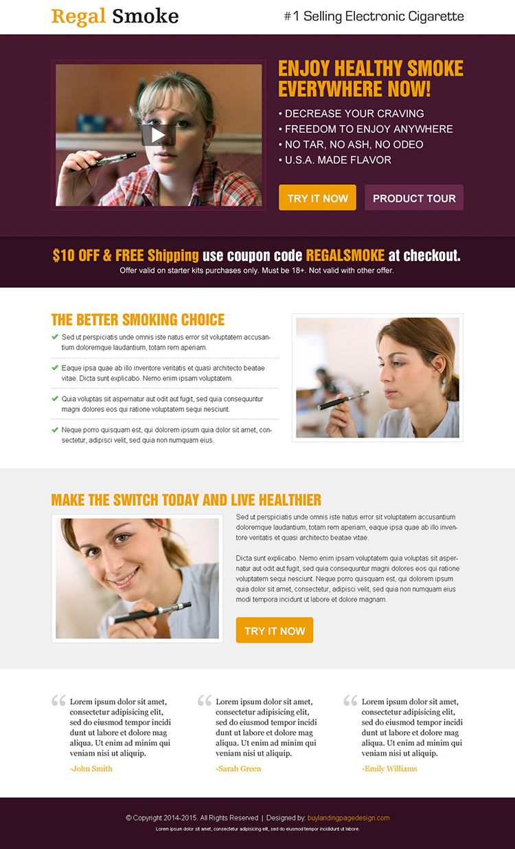 enjoy healthy smoke everywhere now e-cigarette video landing page design