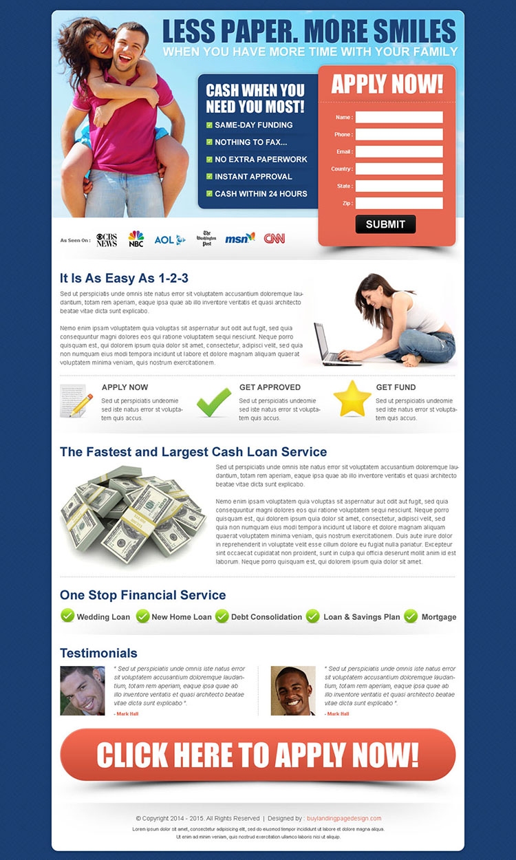 fastest and largest cash loan service landing page for capturing leads