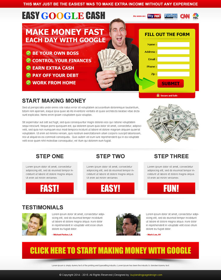 make money fast each day with google attractive and effective squeeze page design