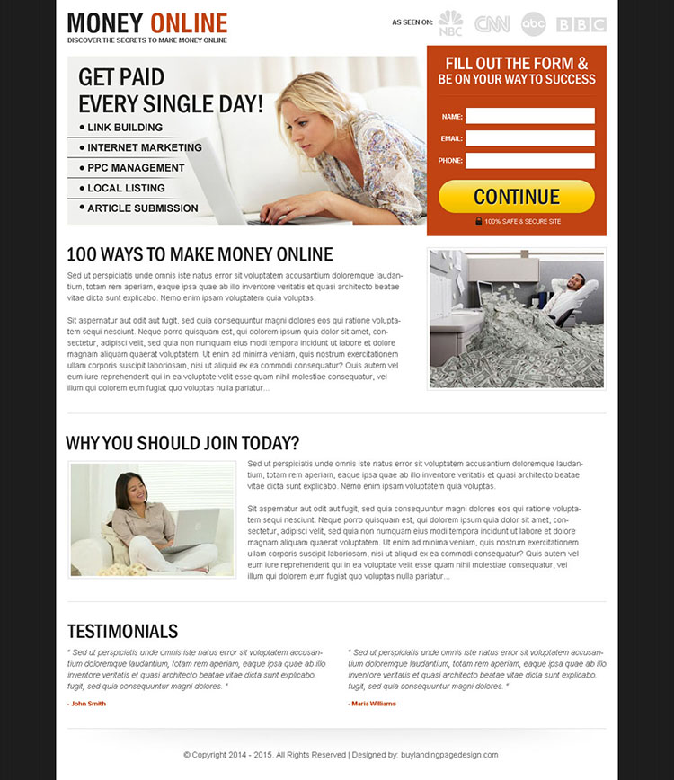 get paid every single day clean and converting lead capture landing page design