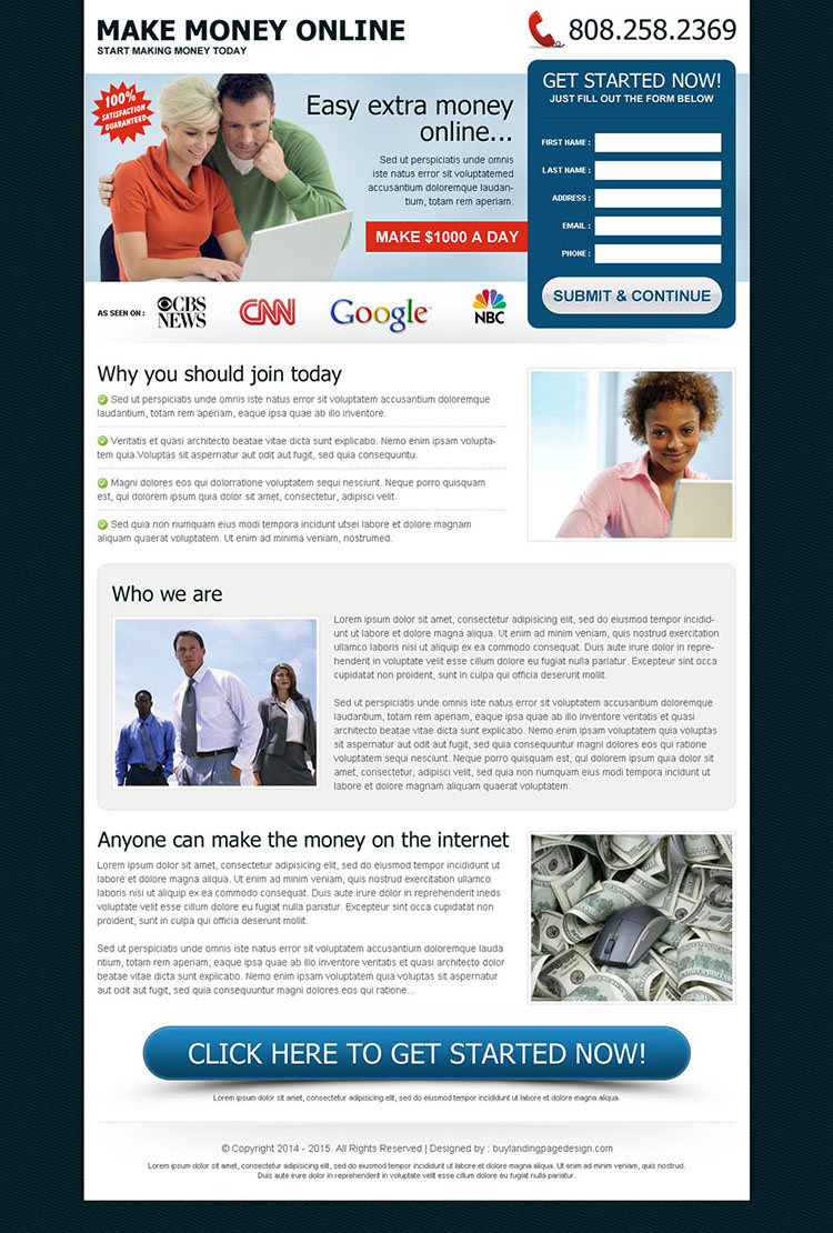 easy extra money online lead capture squeeze page design