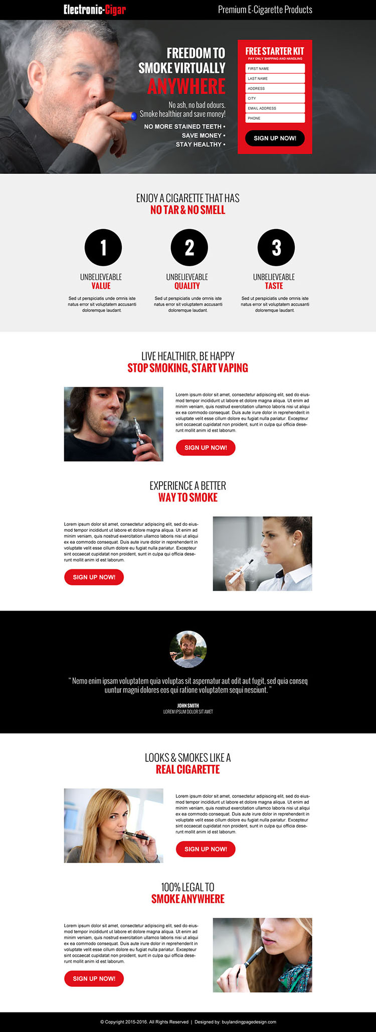 electronic cigarette free kit selling responsive landing page design