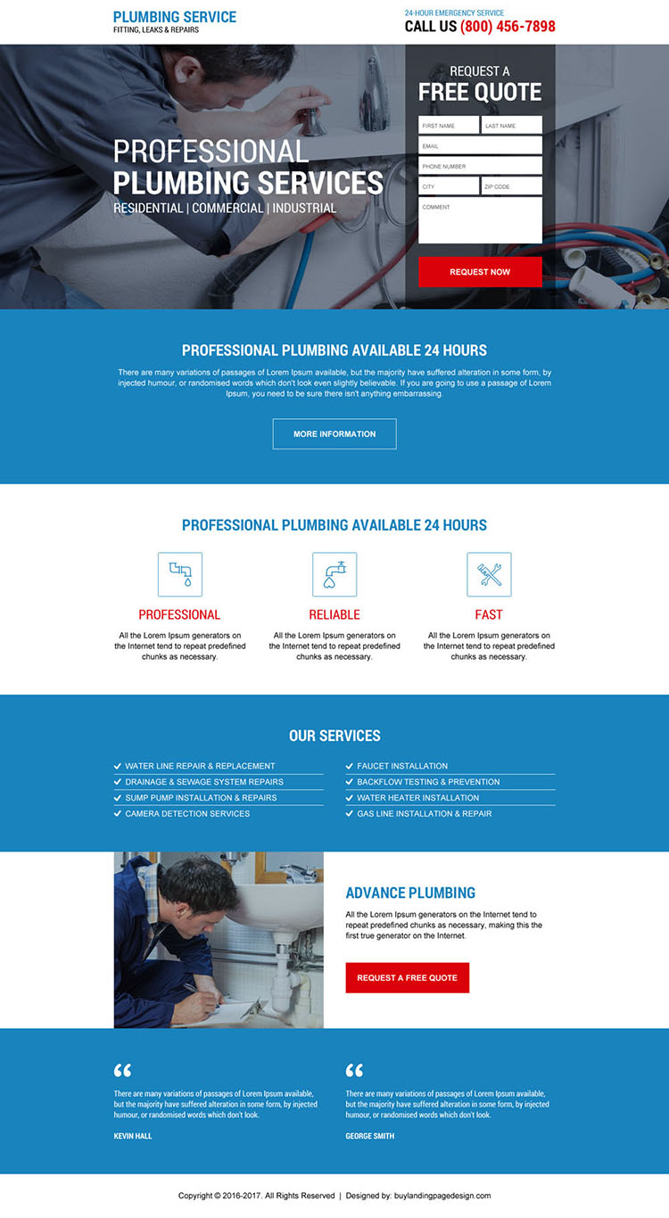 emergency plumbing service responsive landing page design