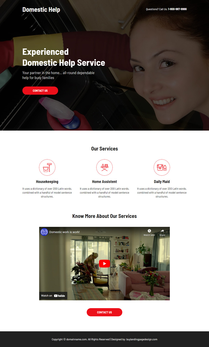 minimal domestic help service lead capture landing page