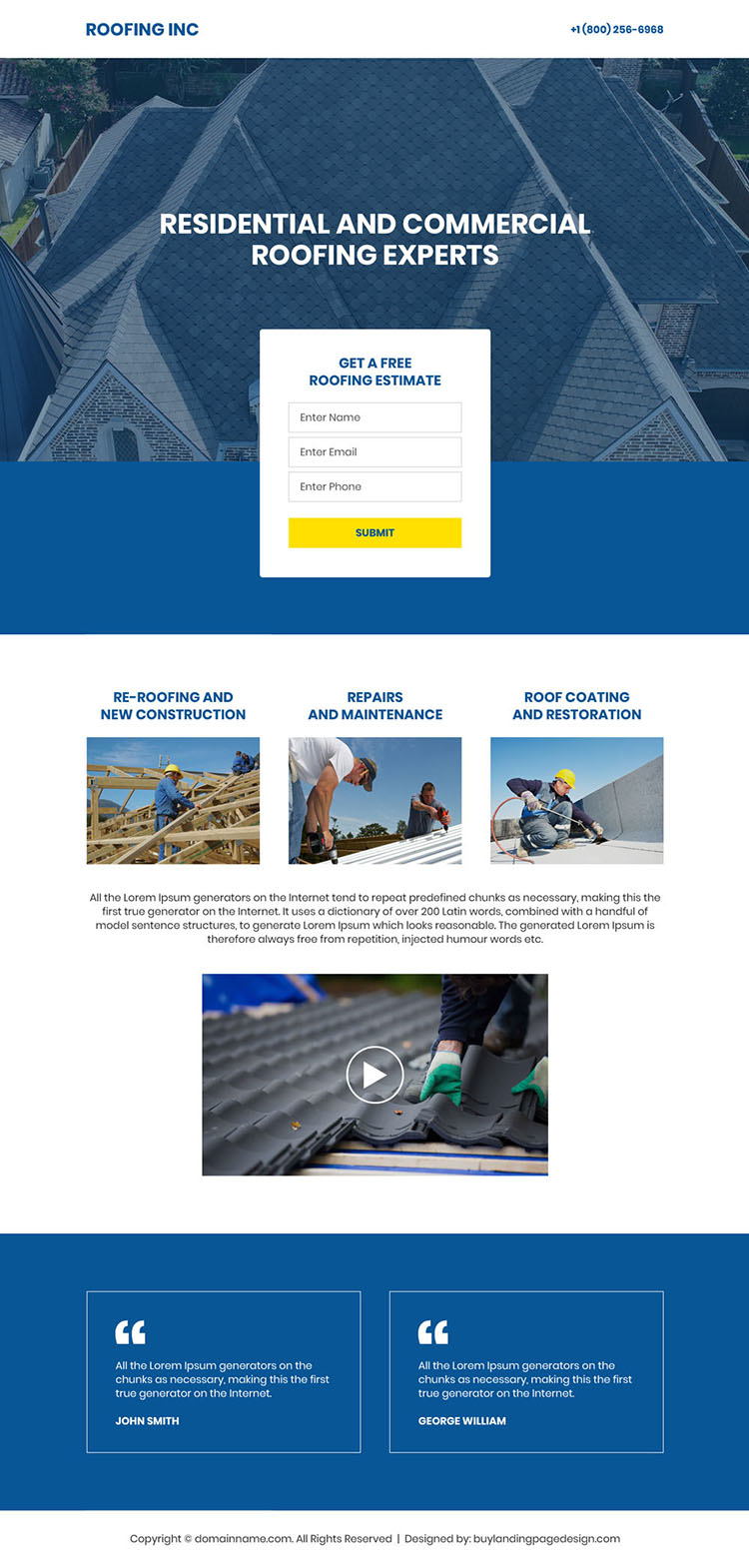 residential and commercial roofing expert minimal landing page