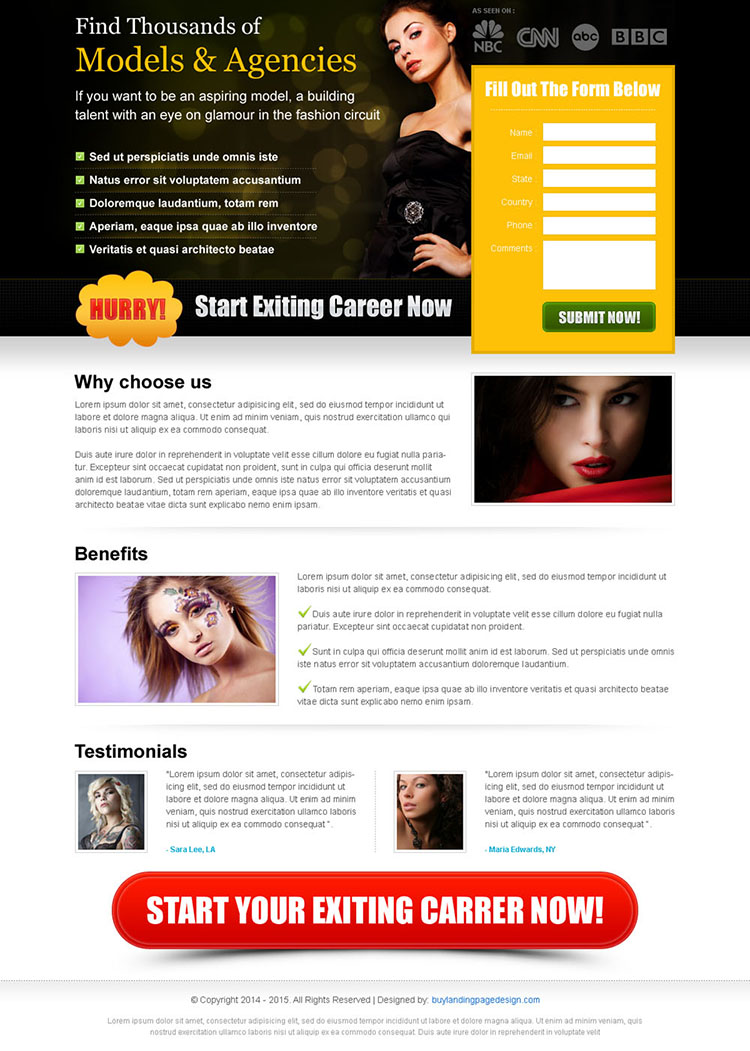 start exciting career in modeling now clean and effective splash page design