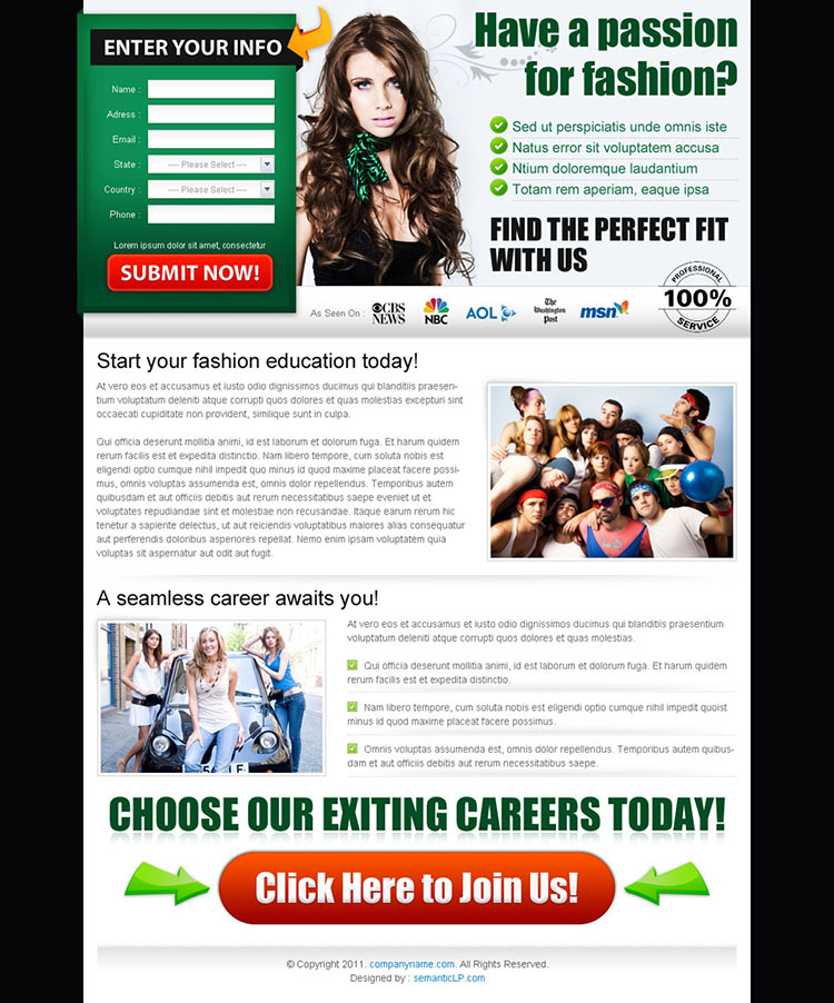 passion for fashion career lead capture page design