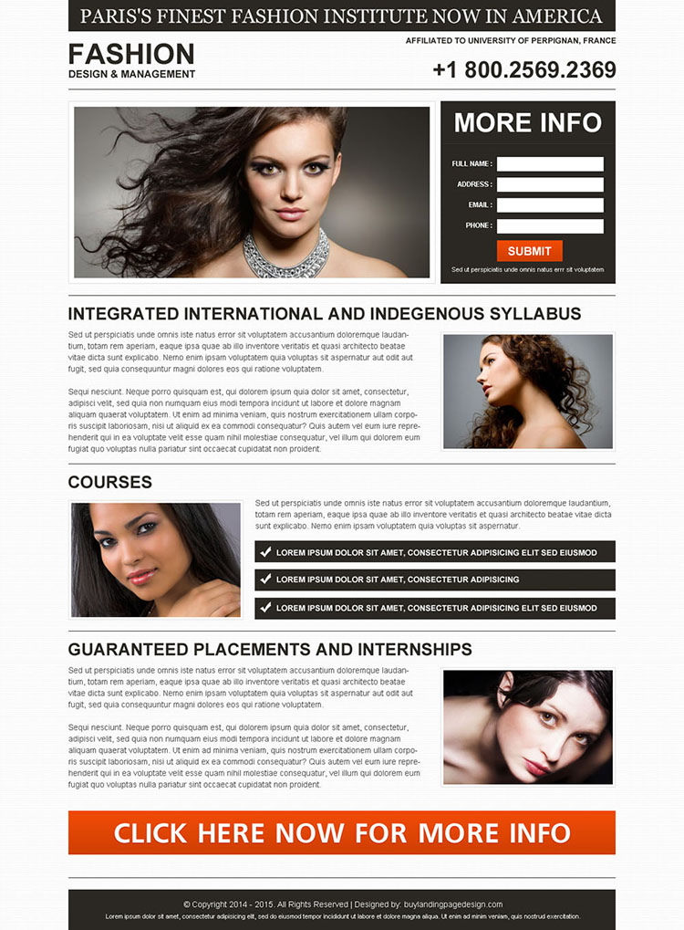 fashion institute minimal and clean lead generation landing page design