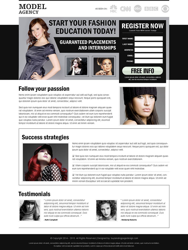 start your fashion education today effective converting and clean register now splash page design