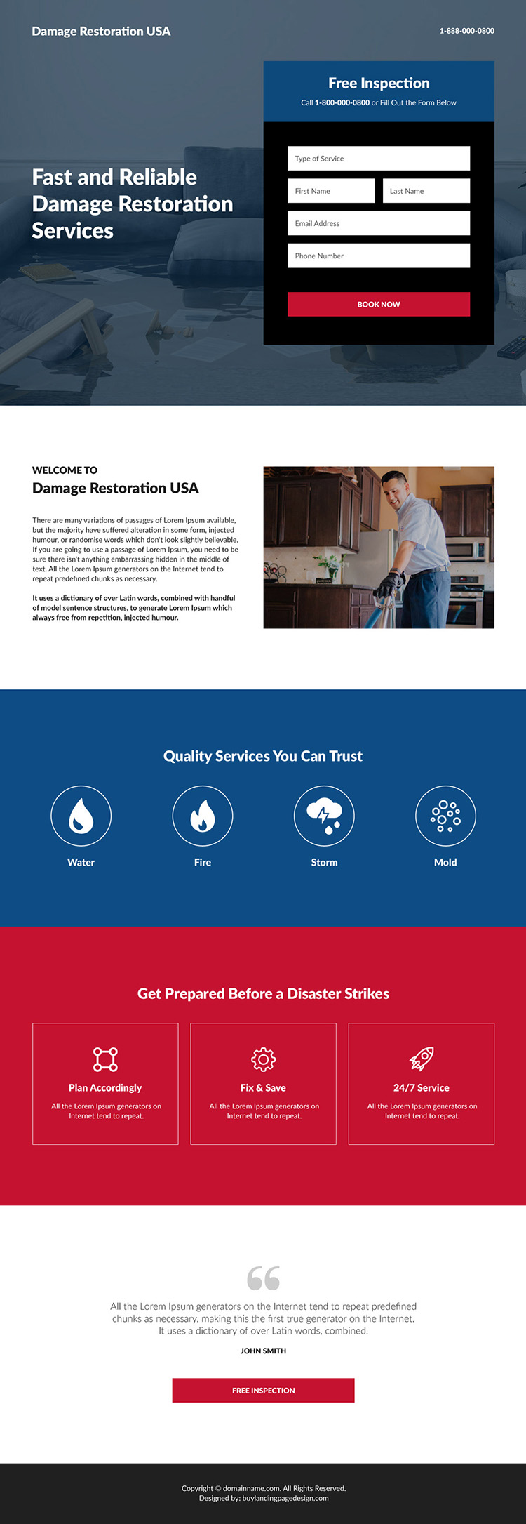 reliable damage restoration service free inspection responsive landing page