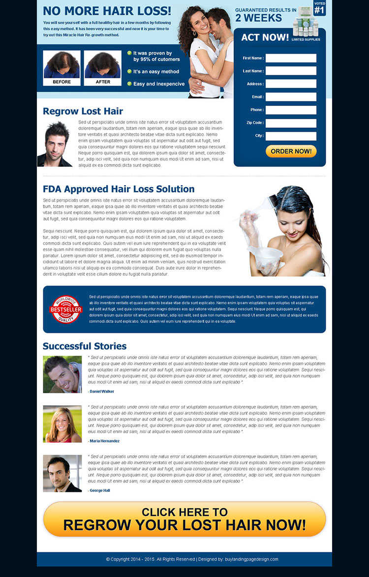 hair loss solution product lead generating landing page