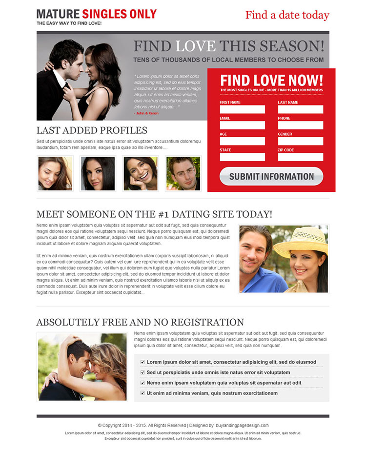 mature singles 2 column lead gen effective and converting landing page design