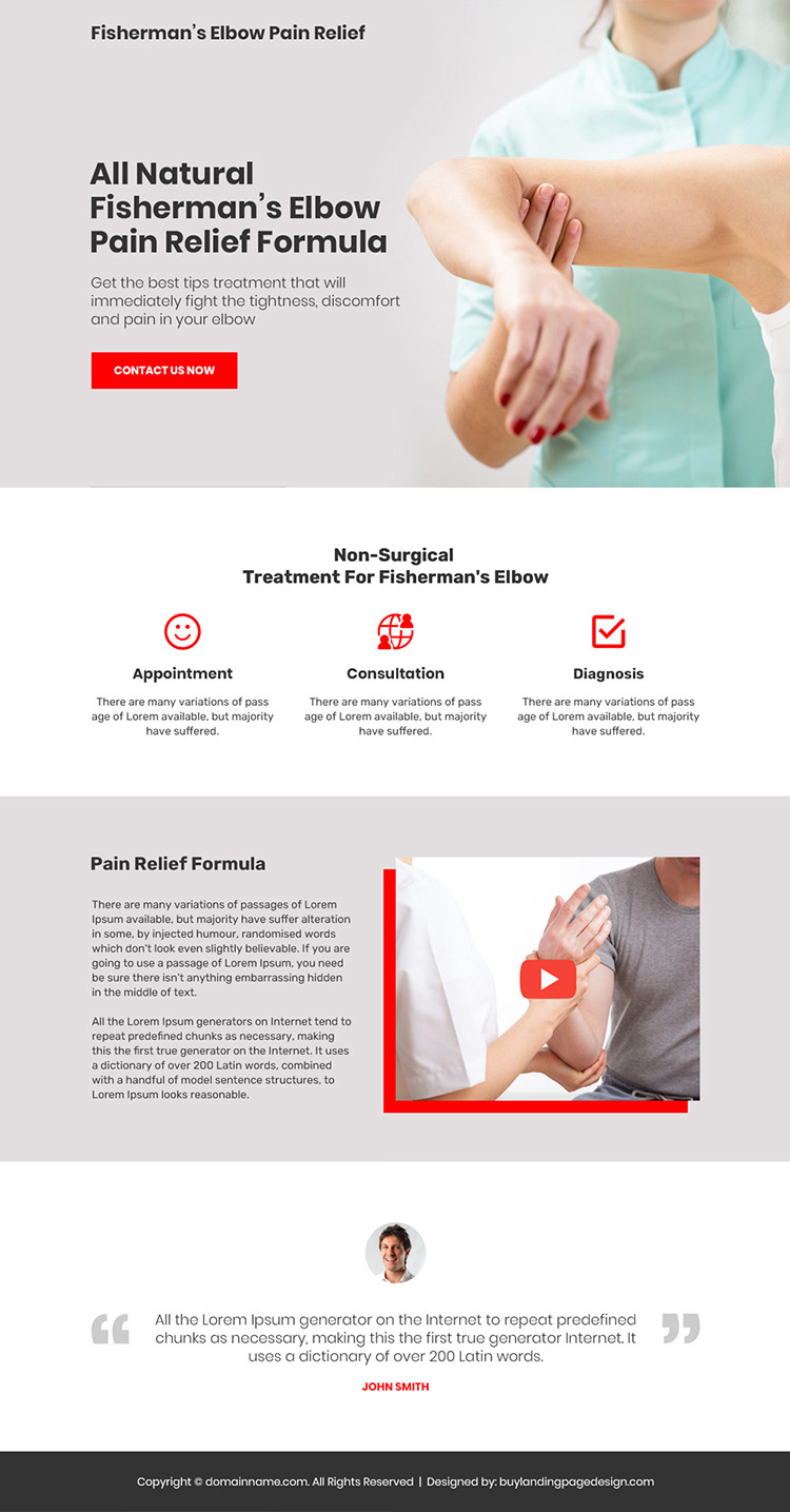 fisherman elbow pain relief minimal bootstrap landing page design