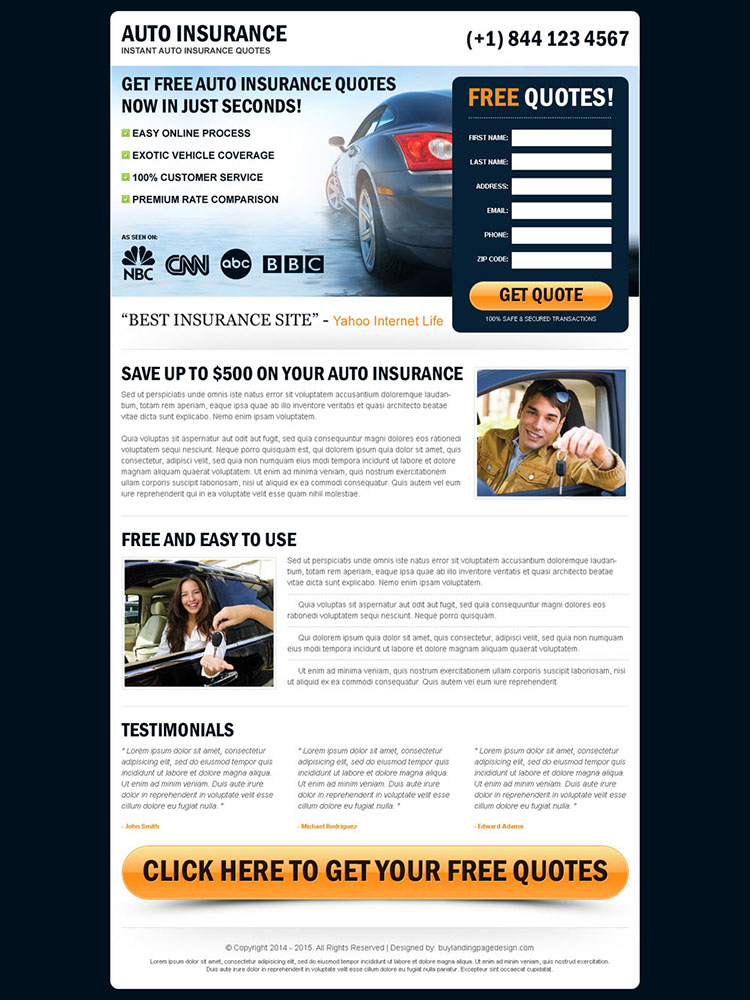 free auto insurance quotes in seconds appealing and converting landing page design