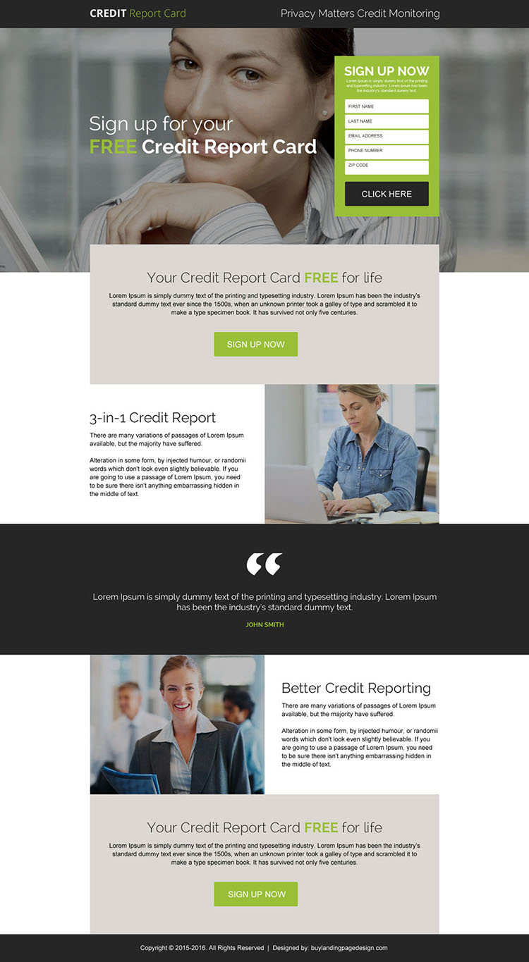 free credit report card sign up responsive landing page design