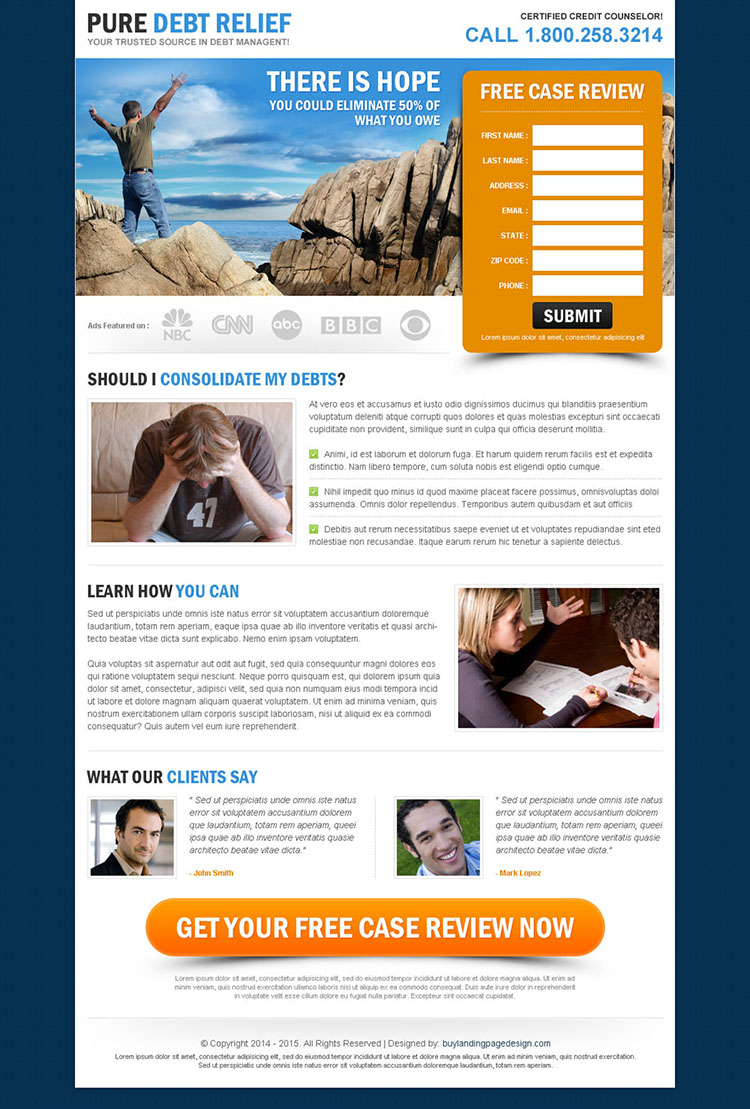 pure debt relief highly converting and appealing landing page design to maximize your revenue
