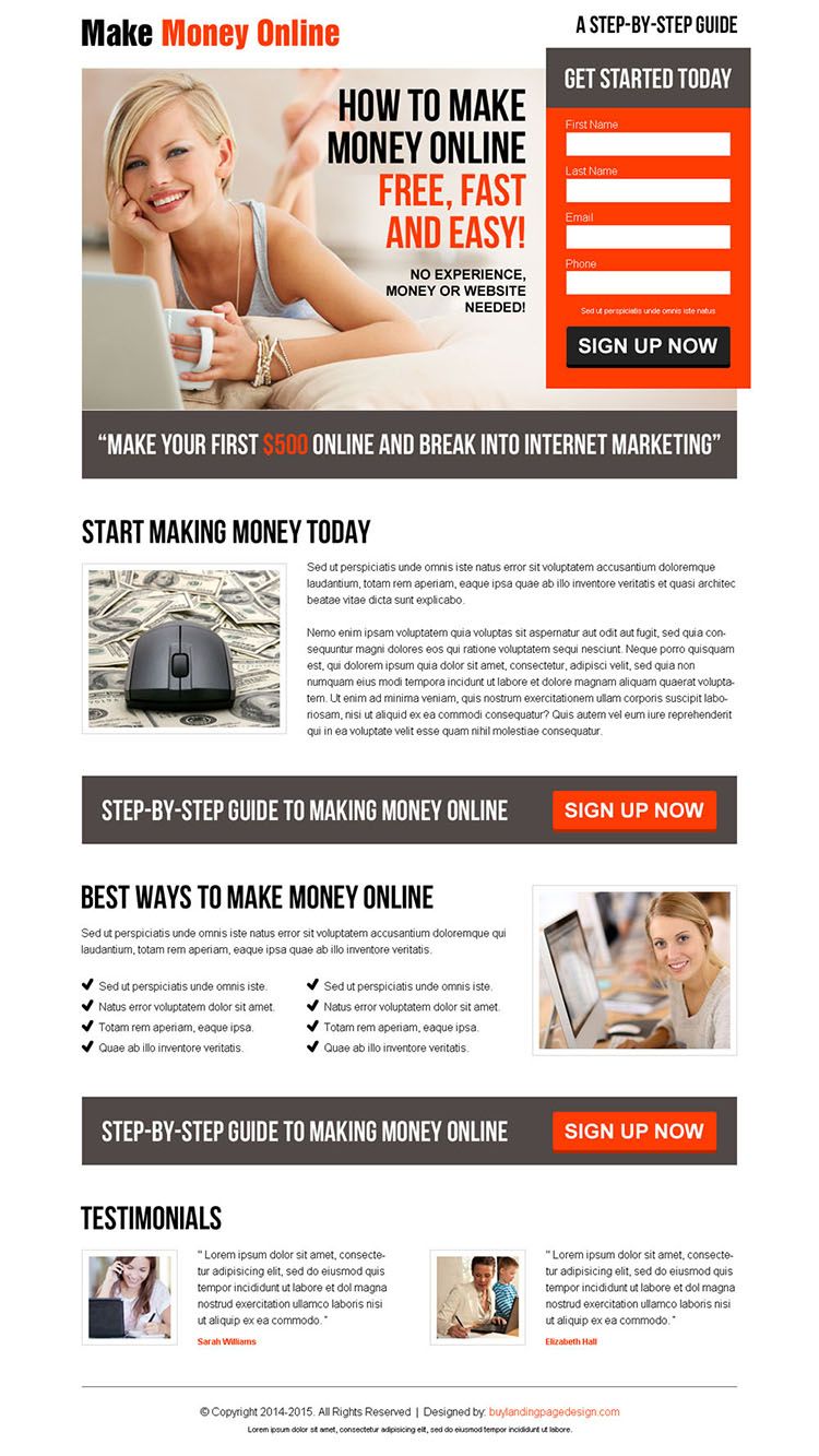 converting lead capture responsive landing page design for make money online business
