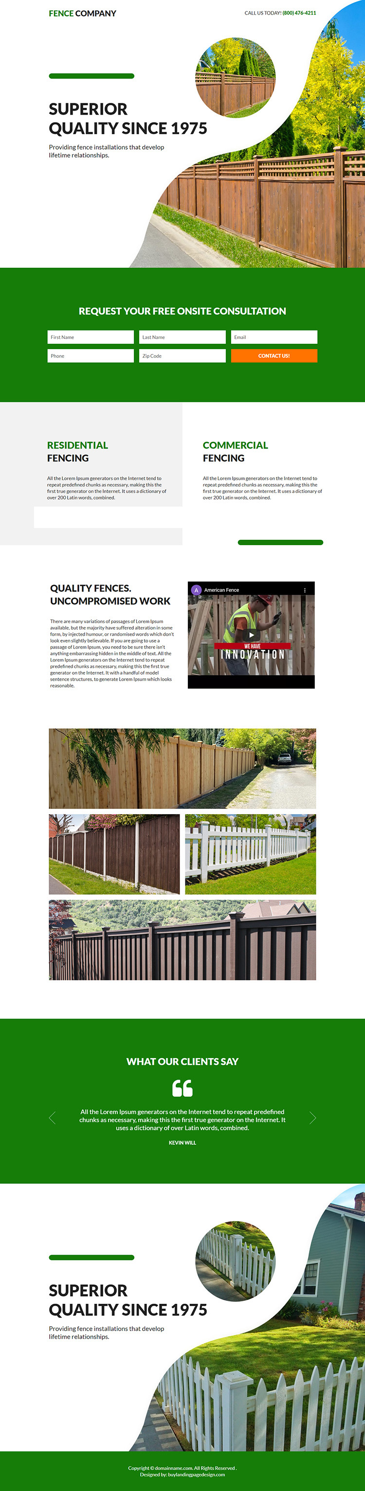 fencing company free consultation landing page design