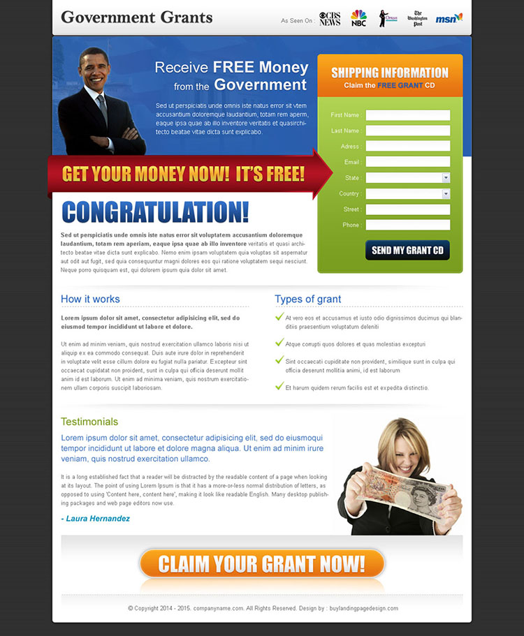 government grants for free landing page design template