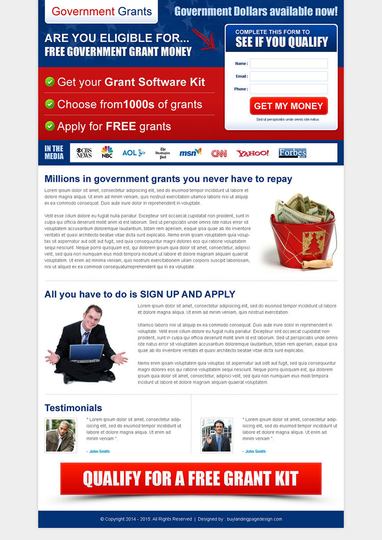 free government grant money small lead capture landing page template