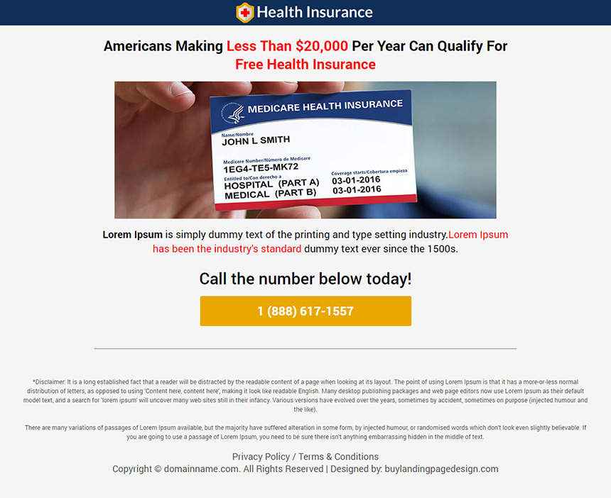 health insurance service phone call capturing landing page