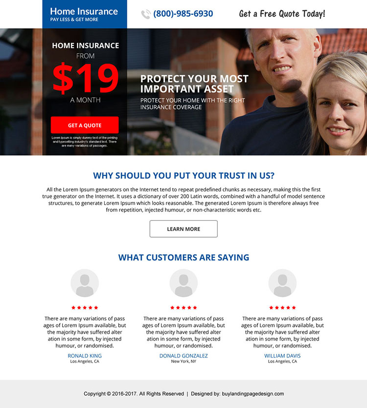 home insurance mini call to action landing page